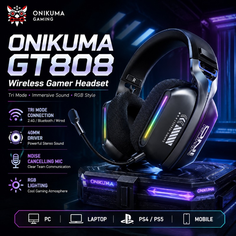 Pc Gaming Earphones - ONIKUMA GT808 Wireless Gaming Headset Tri
